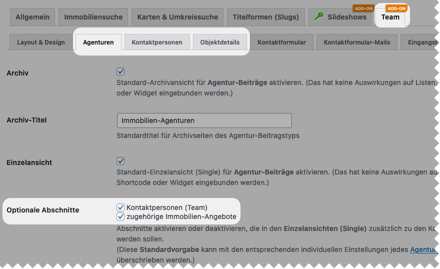 Screenshot: neue Add-on-Optionen im WordPress-Backend