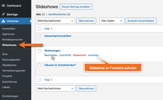 Slideshows im WordPress-Backend